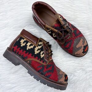 Prestige Turkish Kilim Wool Woven Tapestry Embroidered Ankle Boot Tan Red Boho